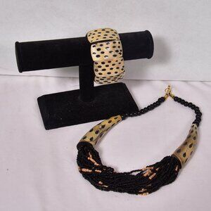 African Inspired Bone Look Necklace & Bracelet Set Black Polka Dot Statement